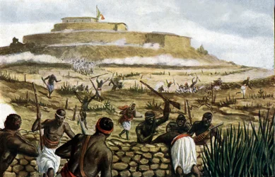 Mount Abba Gerima (Abba Garima) vid slaget vid Adwa, 1 mars 1896, illustration från Storia dItalia av Paolo Giudici, 1930